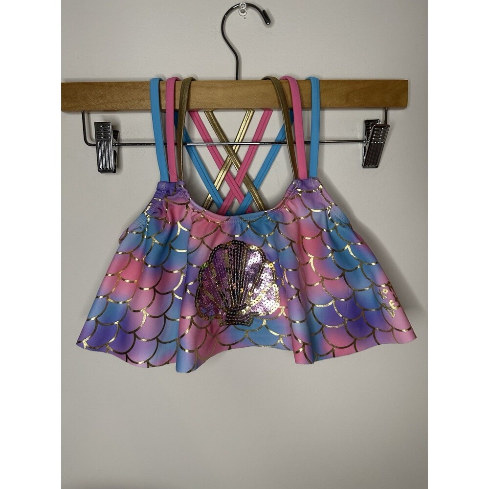 Betsey Johnson Bikini Top Mermaid Girls Size L (12) Sequin Shell Swim #1251
